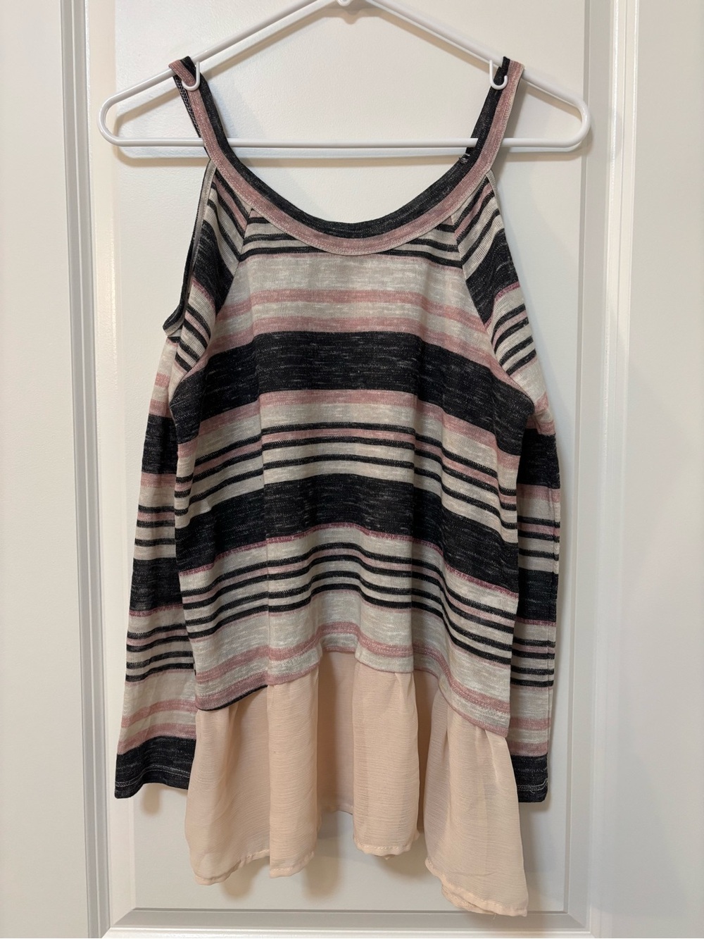 About A Girl Open-Shoulder Gray Pink Striped Sweater with Sheer Peplum Hem, Size